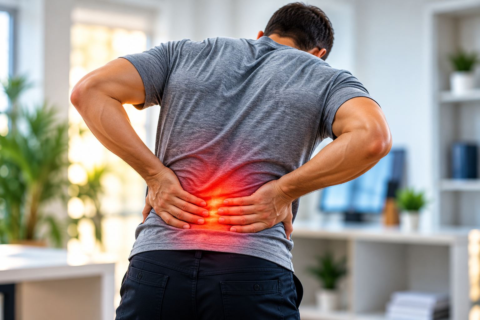 Man holding his lower back with the painful area highlighted