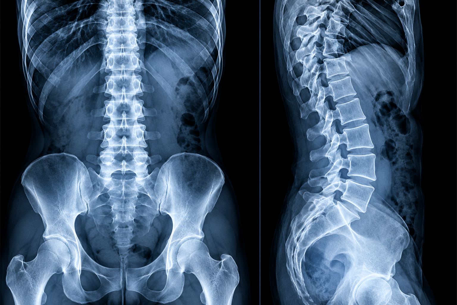 Spinal X-ray images on a dark background
