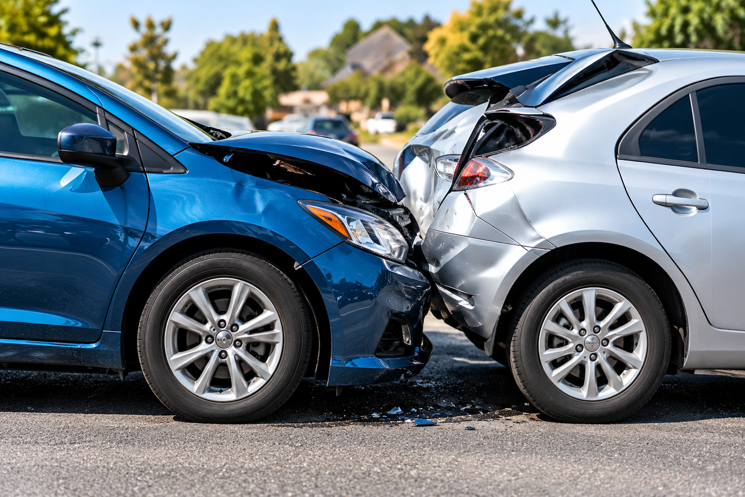 Two cars after a minor rear-end collision with the crushed point at the center