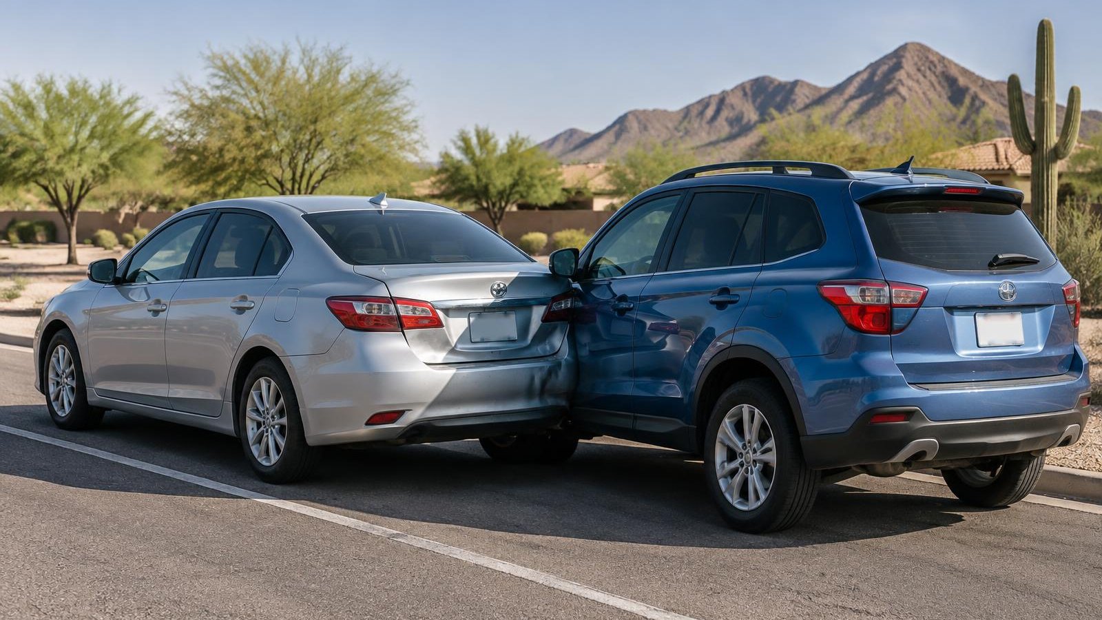 AI-generated image of a silver car and blue vehicle with minor collision damage beside an Arizona suburban road.
