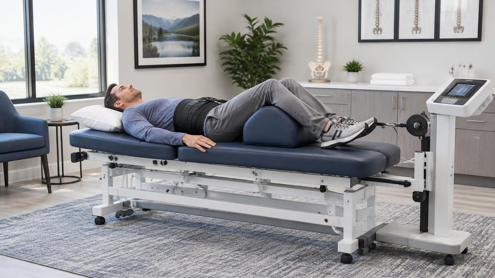 AI-generated illustrative scene of a clothed patient reclining on a traction table with a control unit in a generic treatment room.
